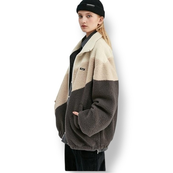 Patchwork Polar Sherpa Jacket Oversized  Contrast Color Polar Fleece Size Medium - Picture 3 of 12